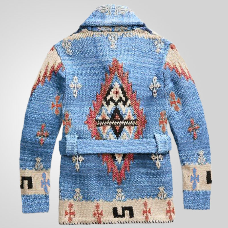 Women's Cozy Knit Coat with Decorative Pattern and Belt