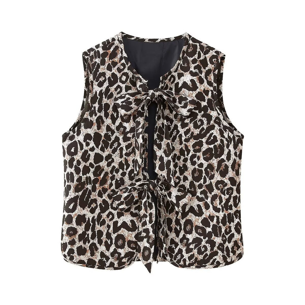 Women's Sleeveless Top with Bow Detail and Leopard Print