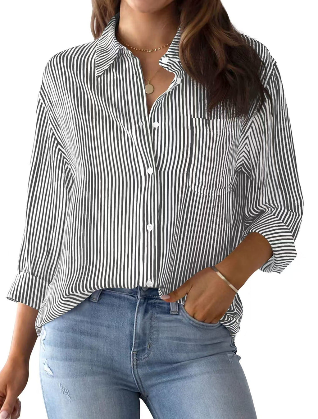 Women's Loose Striped Shirt with Chest Pocket and Roll-Up Sleeves