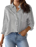Women's Loose Striped Shirt with Chest Pocket and Roll-Up Sleeves