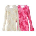 Women's Blouse Top with Floral Lace and Elegant Back Cutout