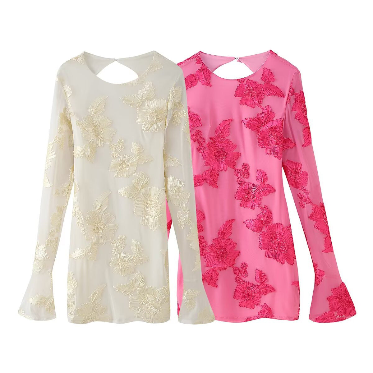 Women's Blouse Top with Floral Lace and Elegant Back Cutout