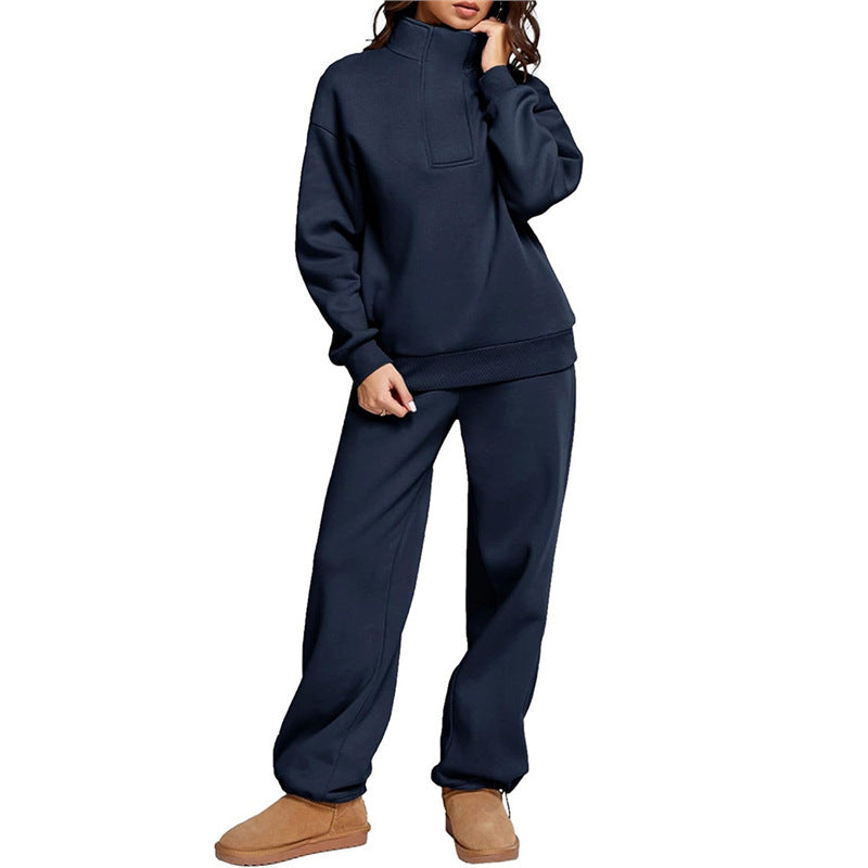 Women's Comfortable Lounge Set with Stand-Up Collar and Wide-Leg Pants