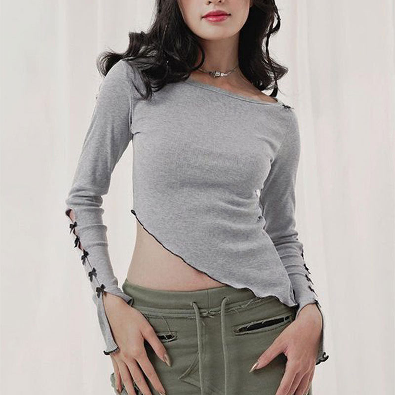 Women's Asymmetrical Long Sleeve Top with Decorative Ruched Detail
