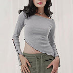 Women's Asymmetrical Long Sleeve Top with Decorative Ruched Detail