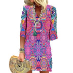 Mandala-Print Shirt Dress with V-Neck