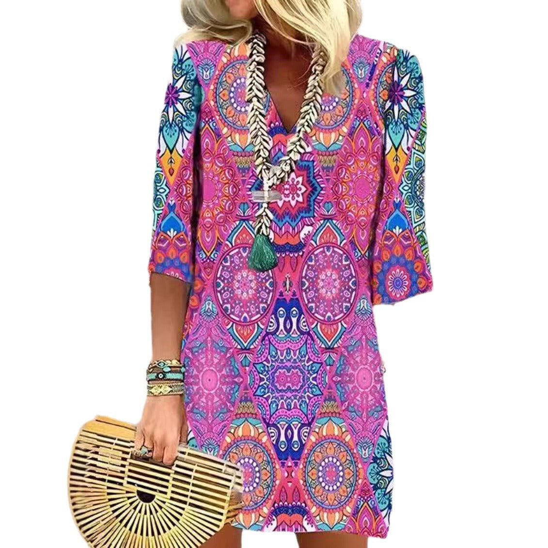 Mandala-Print Shirt Dress with V-Neck