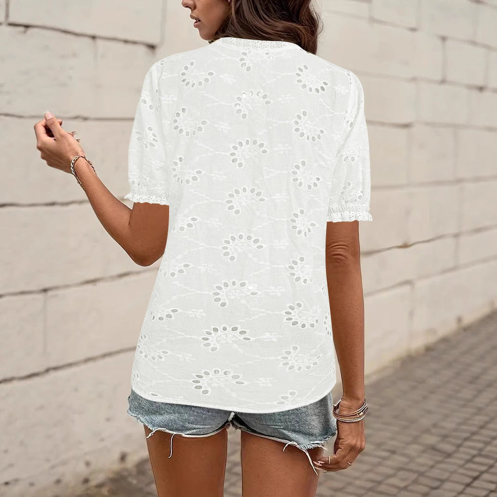 Women's Airy Blouse with Eyelet Patterns and Button Details