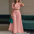 Elegant Short Puff-Sleeve Top and High-Waisted Palazzo Pants Set