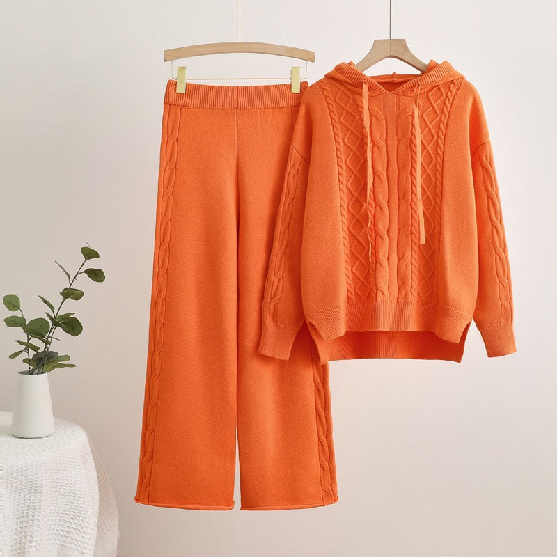 Women's Casual Knit Loungewear Set with Hood and Wide Legs