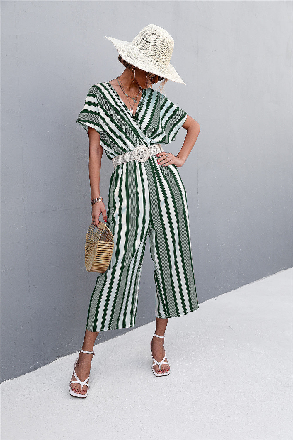 Elegant V-Neck Jumpsuit with Wide Sleeves and Striped Design