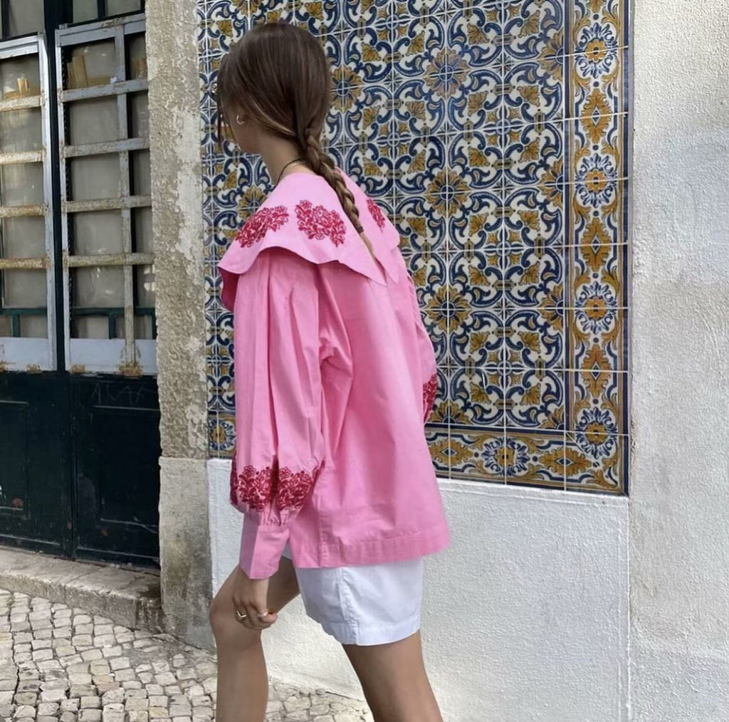 Women's Blouse with Voluminous Collar and Floral Embroidery