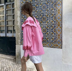 Women's Blouse with Voluminous Collar and Floral Embroidery