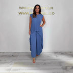 Women's Casual Pleated Pantsuit with Overlapping Top