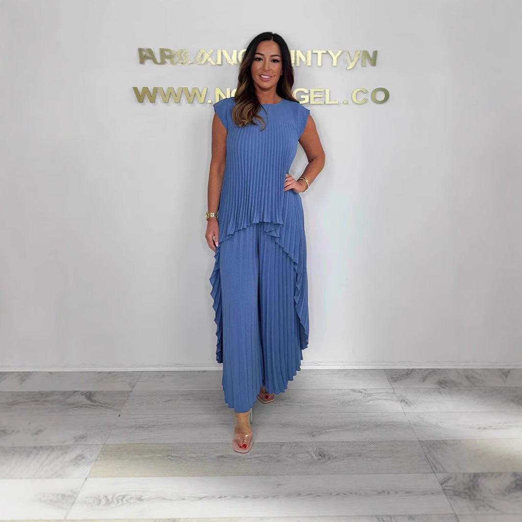 Women's Casual Pleated Pantsuit with Overlapping Top