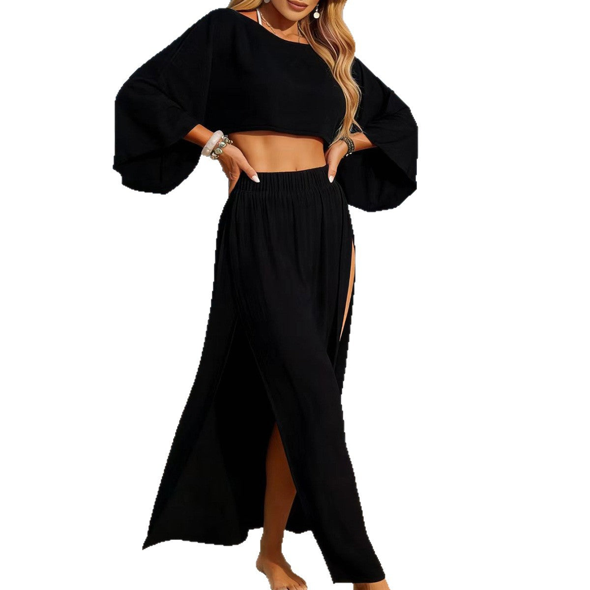 Women's Airy Maxi Skirt with Side Slits and Open Structure