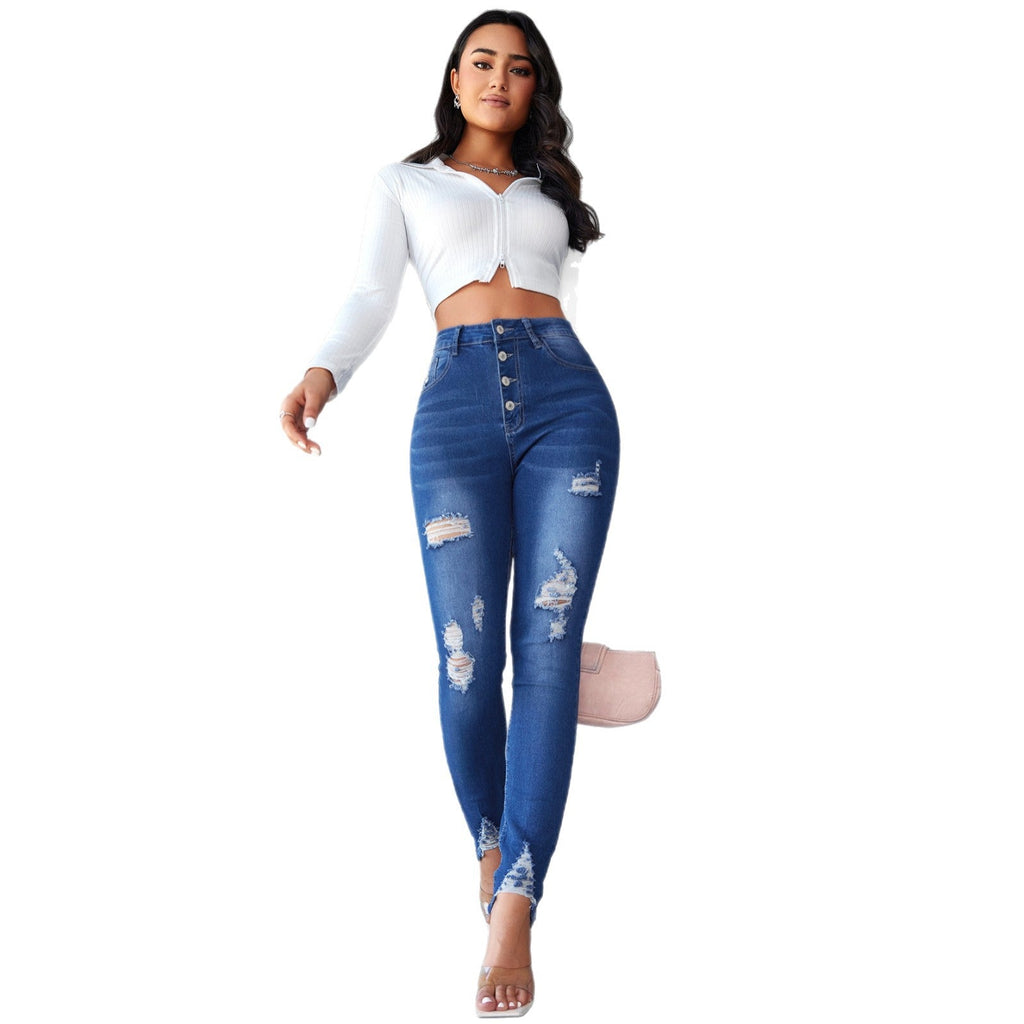 High-Waist Skinny Jeans with Distressed Details and Buttons