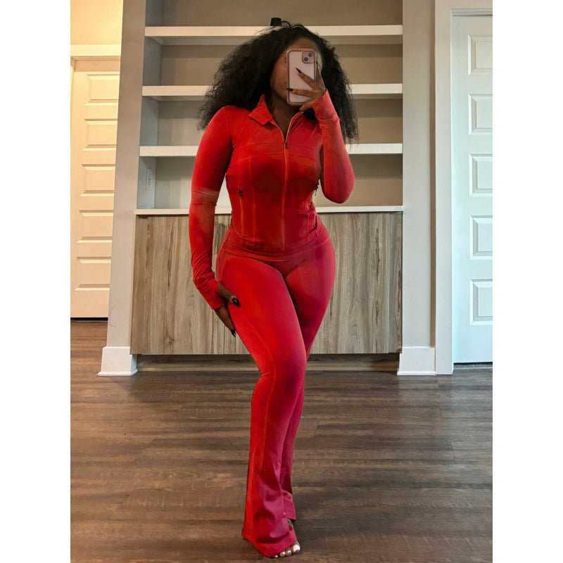 Women's Form-Fitting Jumpsuit with High Collar and Full-Length Zipper
