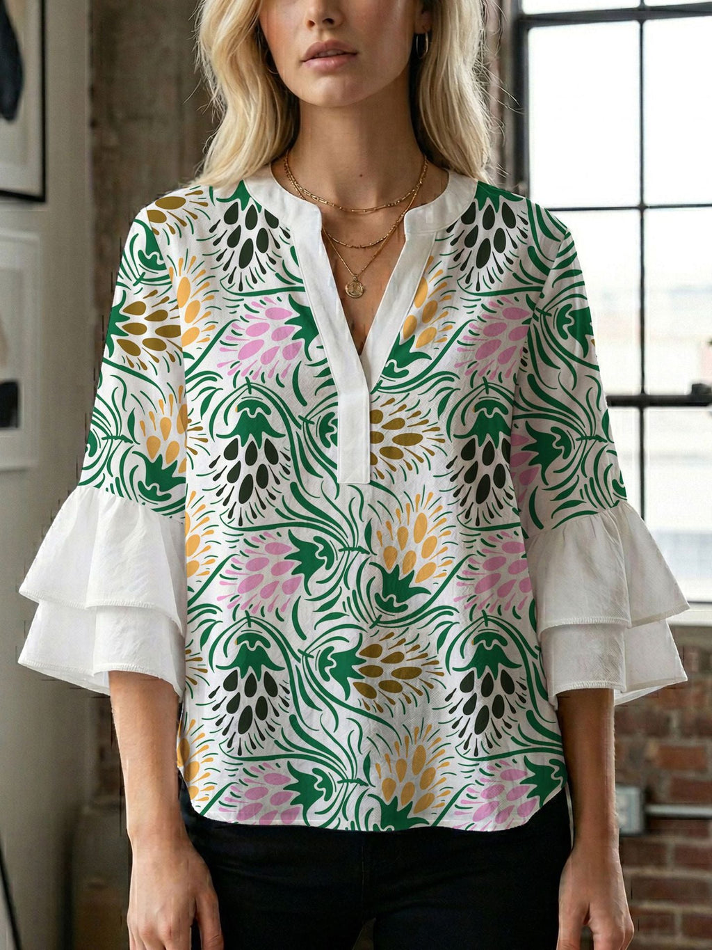 Women's Blouse Shirt with Voluminous Sleeves and Creative Print Design