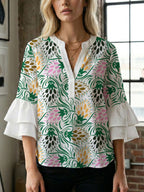 Women's Blouse Shirt with Voluminous Sleeves and Creative Print Design