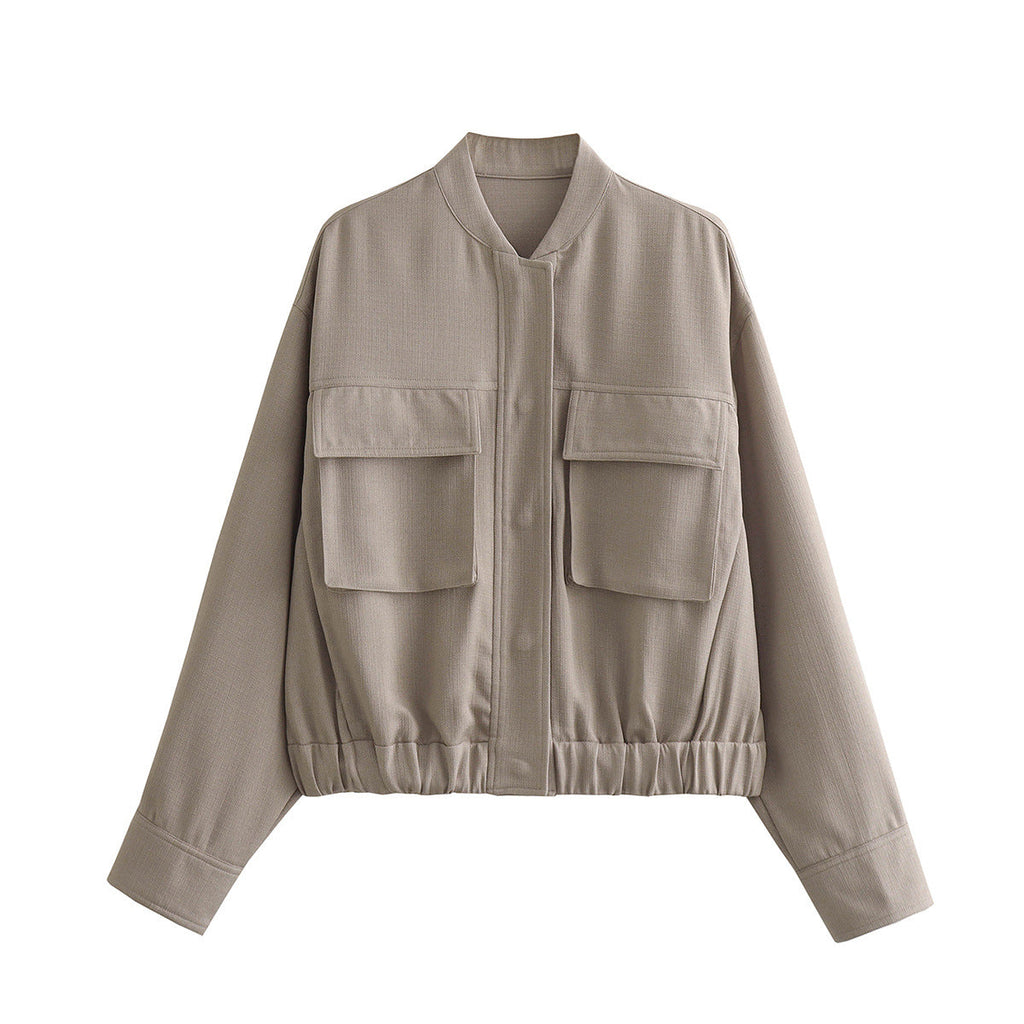 Women's Elegant Utility Jacket with Large Pockets and Elastic Hem