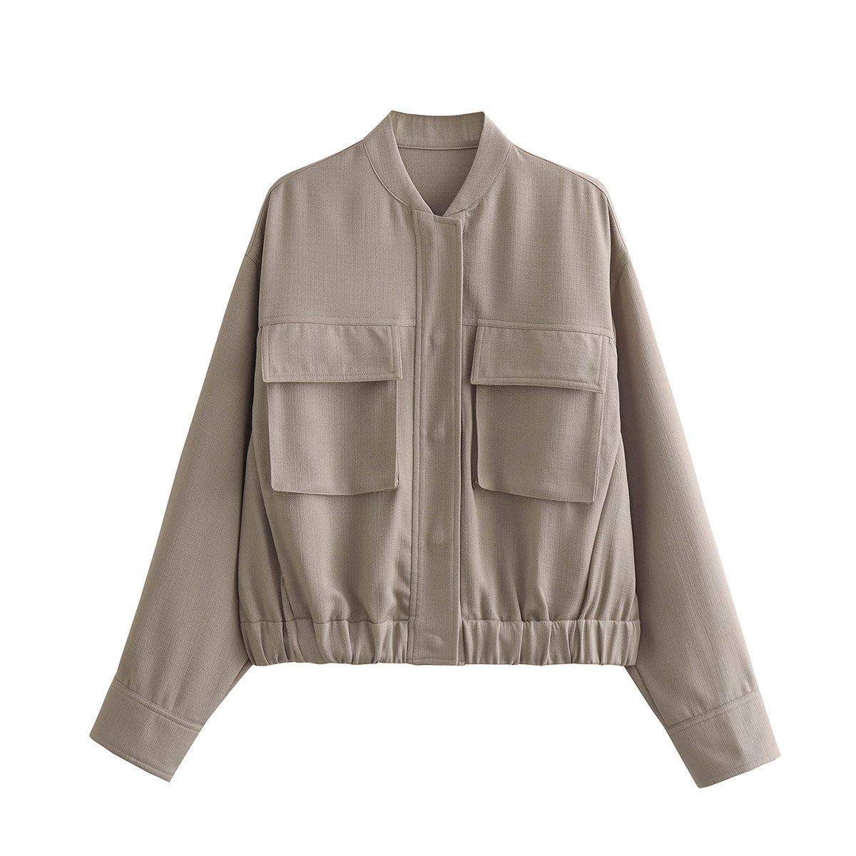 Women's Elegant Utility Jacket with Large Pockets and Elastic Hem
