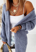 Women's Chunky Knit Cardigan with Voluminous Sleeves and Open Front
