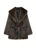 Women's Glamorous Faux Fur Coat with Wide Lapel and Waist Belt