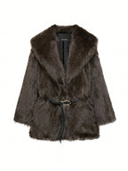 Women's Glamorous Faux Fur Coat with Wide Lapel and Waist Belt