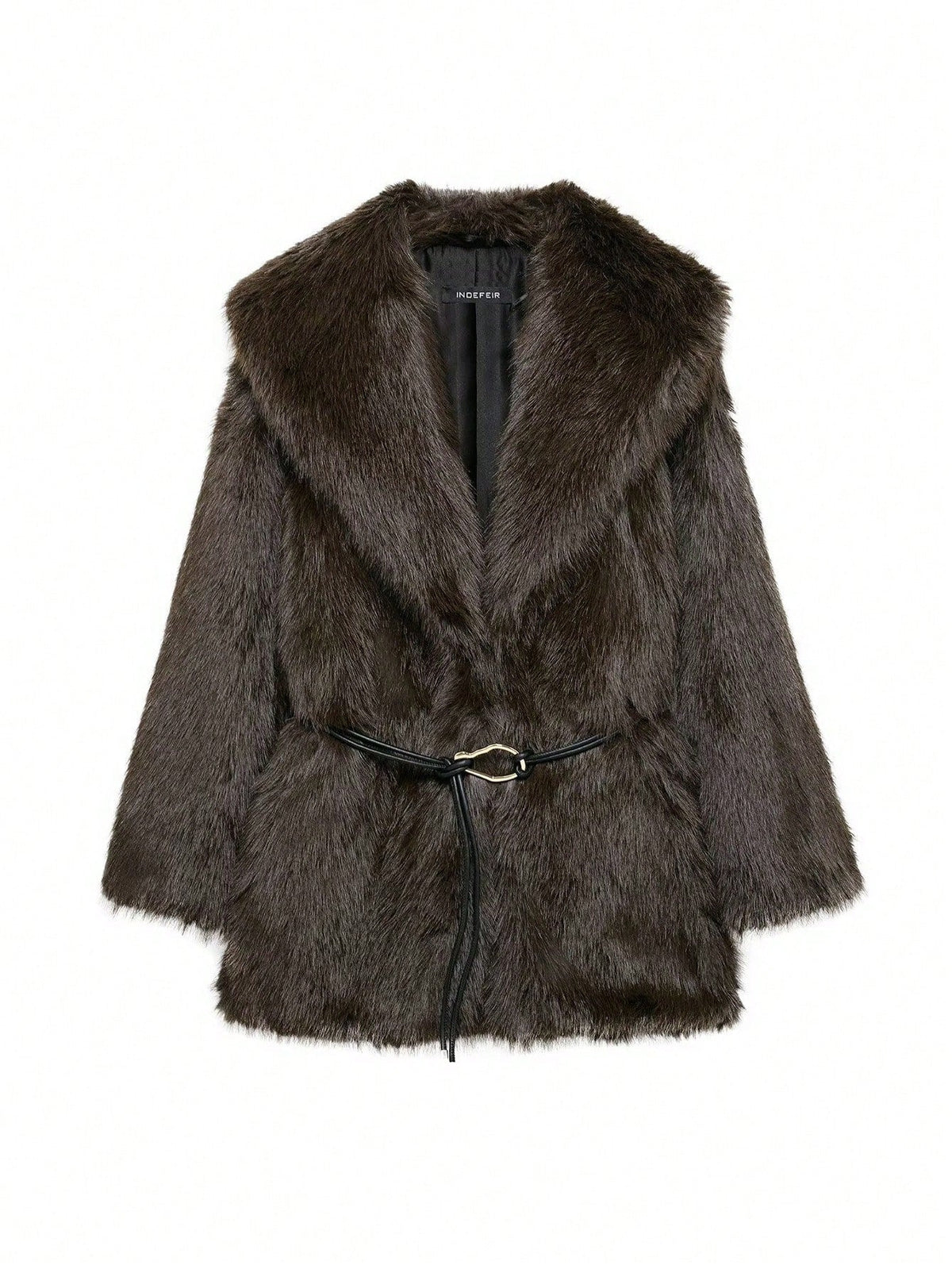 Women's Glamorous Faux Fur Coat with Wide Lapel and Waist Belt