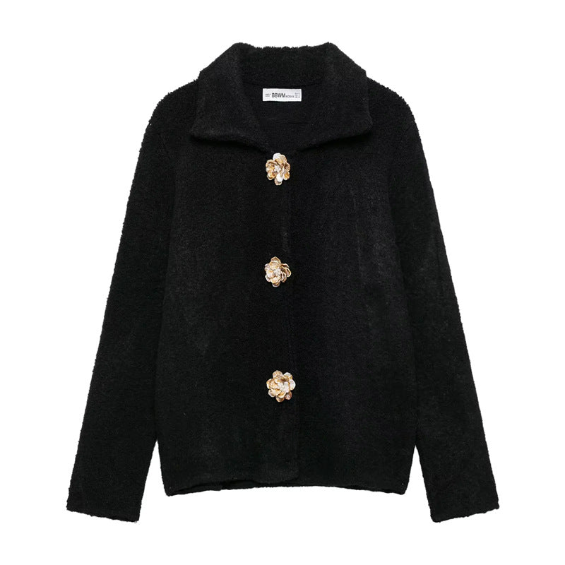 Women's Fluffy Cardigan with Decorative Flower Buttons
