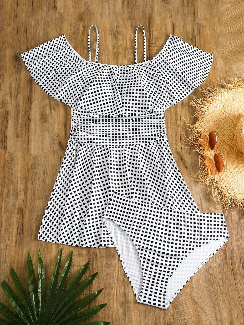 Women's Swimsuit Set with Ruffles and Plaid Pattern