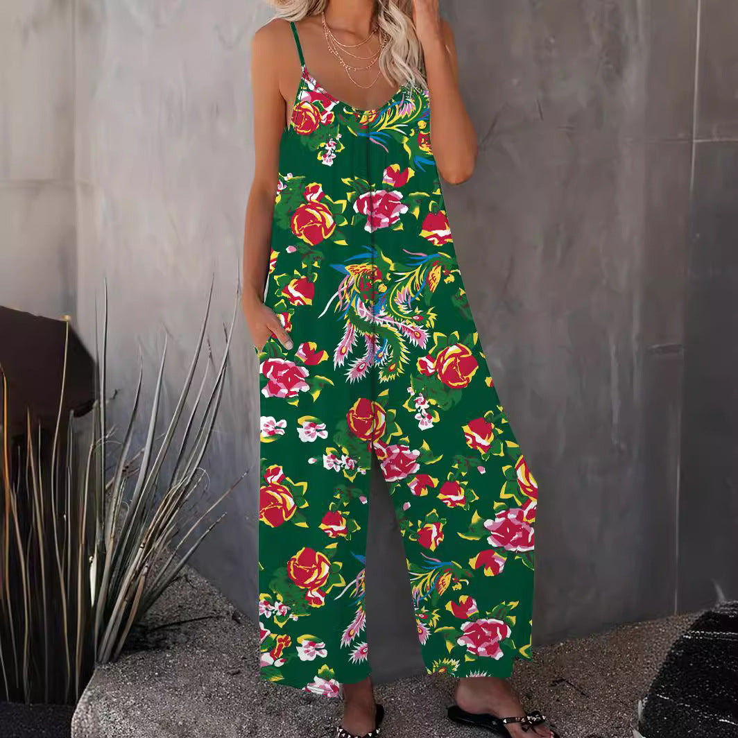 Women's Airy Jumpsuit with Floral Design and Adjustable Straps