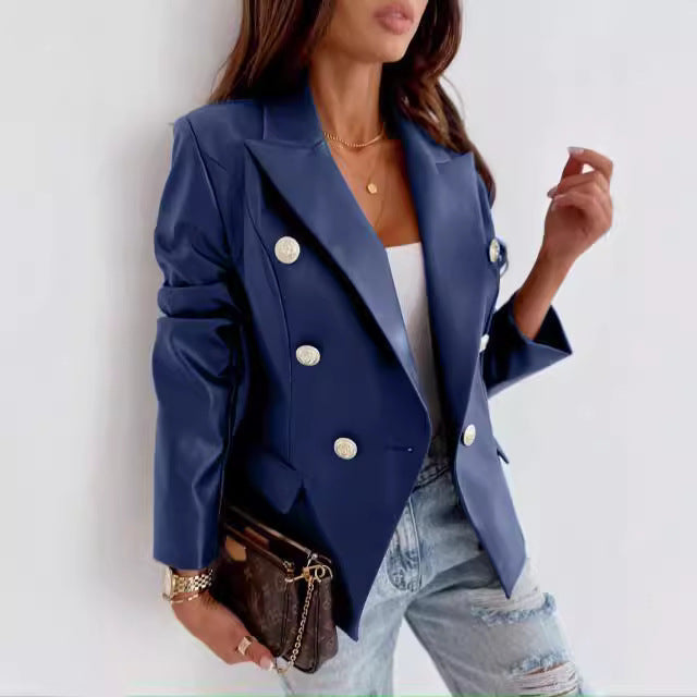 Women's Elegant Double-Breasted Faux Leather Blazer