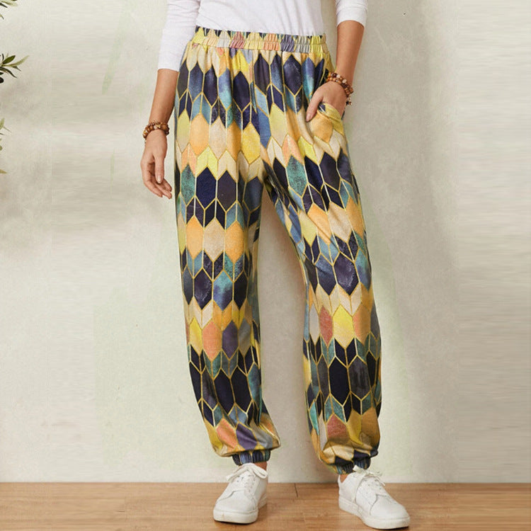 Women's Casual Pants with Modern Geometric Pattern and Elastic Waistband