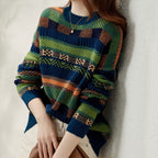 Women's Patterned Knit Sweater with Crew Neck and Soft Fluffy Texture
