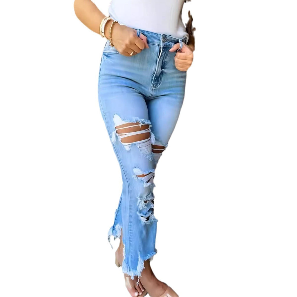 Women's High-Waisted Flared Jeans with Distressed Details