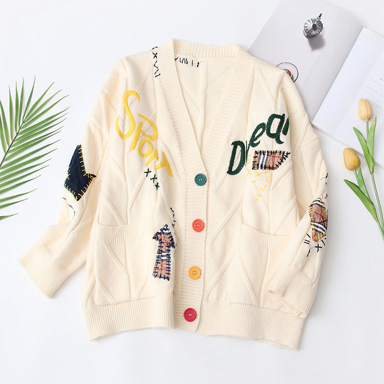 Women's Patterned Knit Cardigan with Unique Embroidery and Colorful Buttons