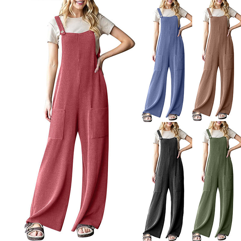 Women's Casual Corduroy Overalls with Pockets and Wide Legs