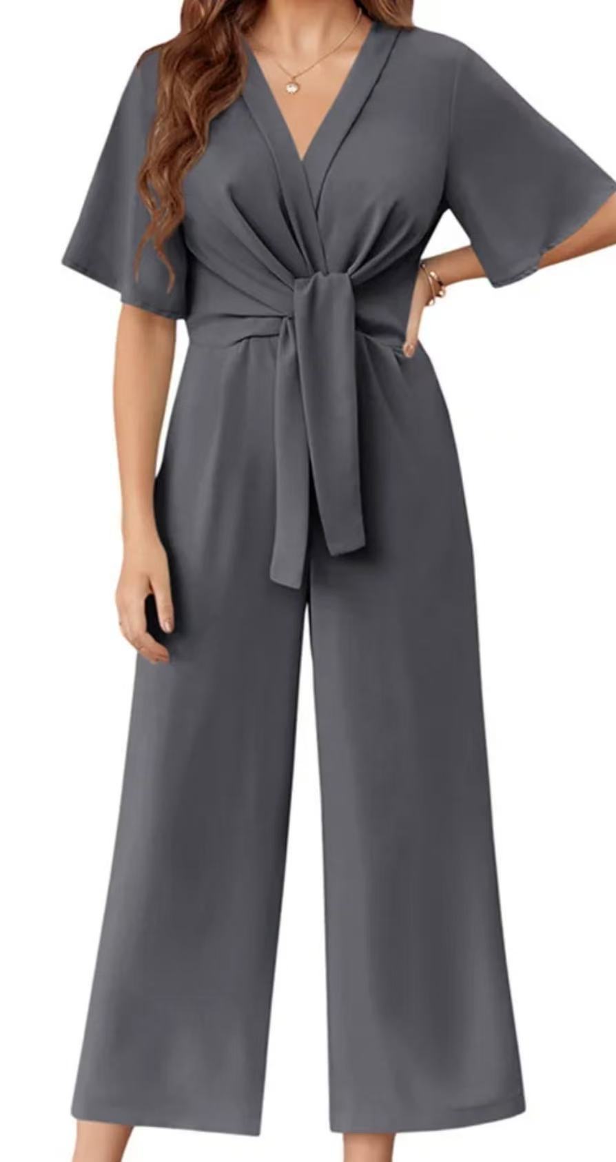 Women's Elegant Wrap Jumpsuit with Wide Legs and Waist Belt