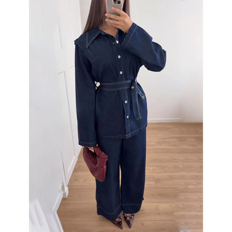 Women's Vintage-Style Denim Blazer Set with Waist Belt