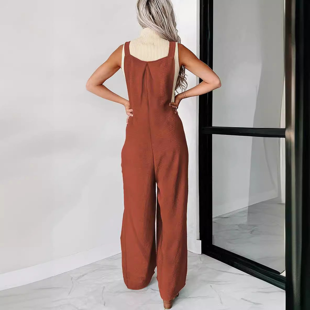 Women's Casual Wide-Leg Jumpsuit with Decorative Button Details