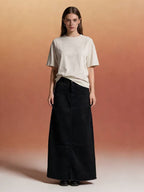 Women's High-Waisted Denim Maxi Skirt with Frayed Hem