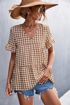 Women's Blouse with Ruffled Hem and Plaid Pattern
