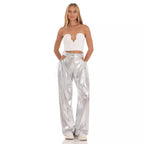 Women's High-Waist Baggy Trousers with Cut-Out Details and Shiny Finish