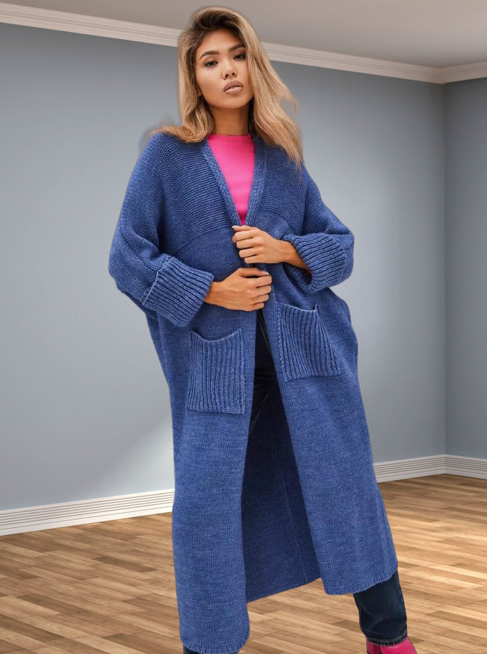Women's Chunky Knit Coat with Practical Pockets and Elegant V-Neck