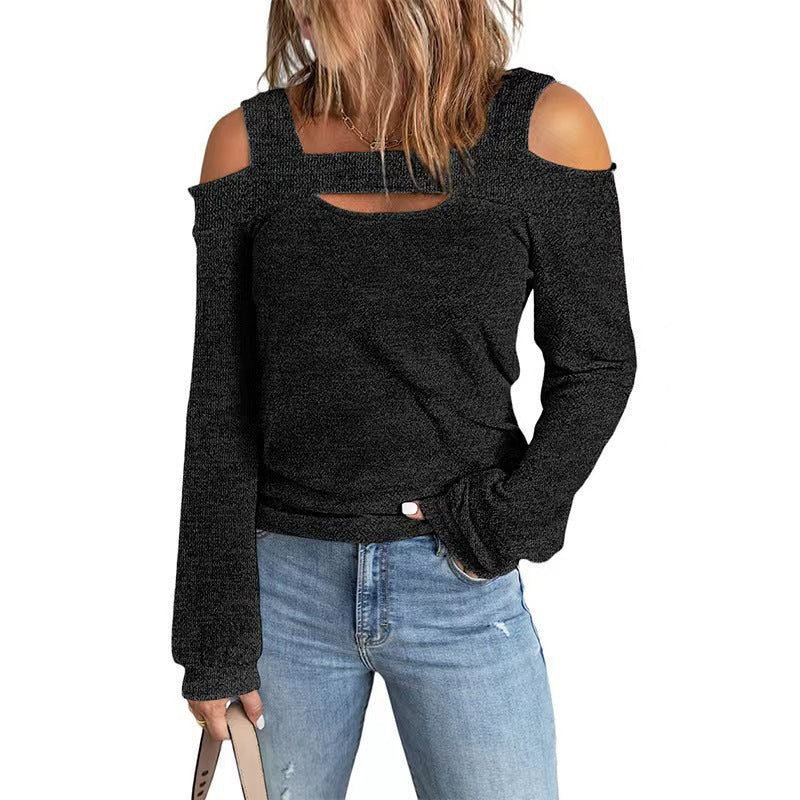 Women's Elegant Long-Sleeve Shirt with Asymmetric Cut-Out and Shoulder Design