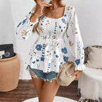 Women's Blouse with Floral Patterns and Voluminous Sleeves
