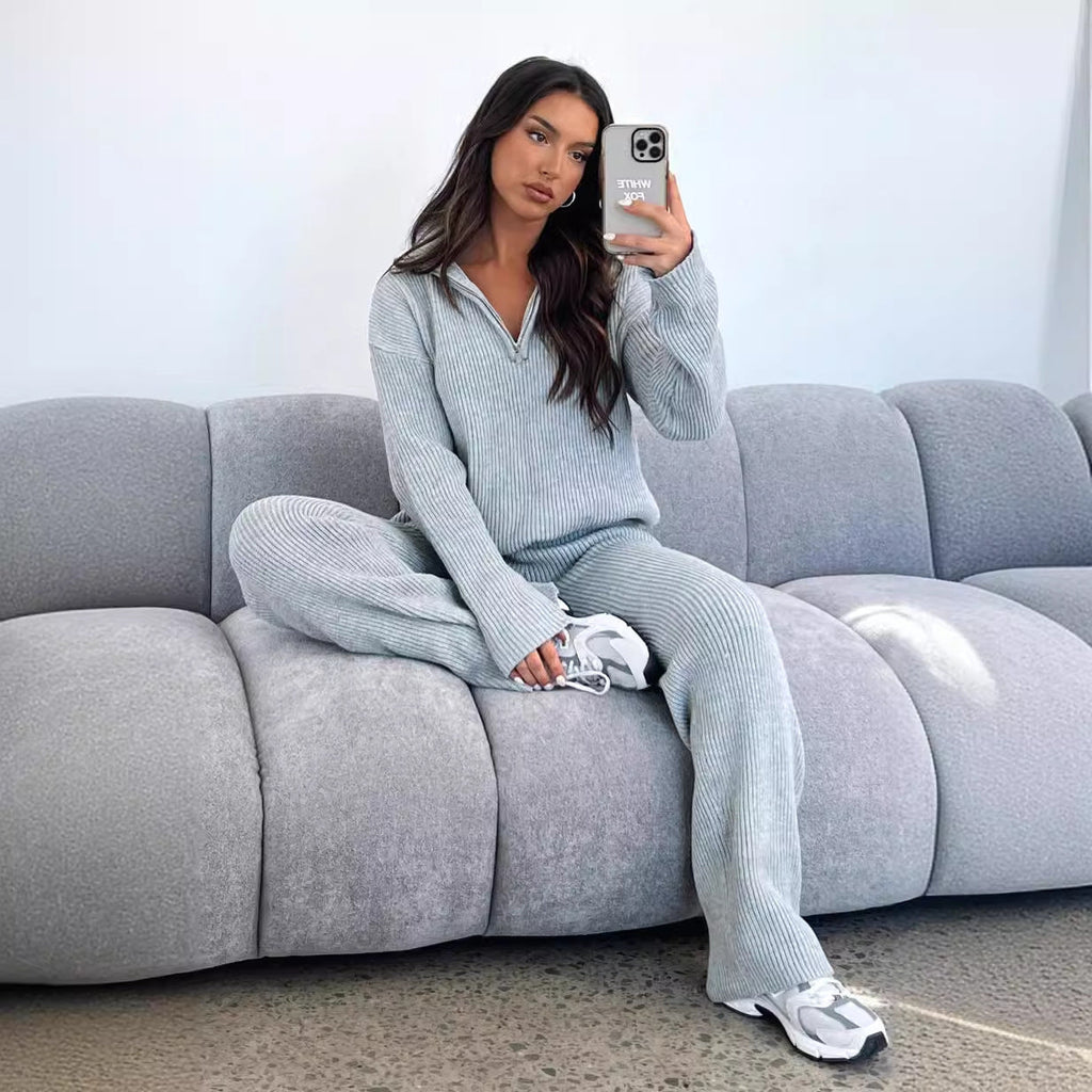 Women's Casual Knit Ensemble with High Collar and Side Zipper