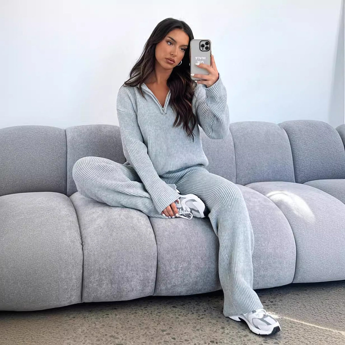 Women's Casual Knit Ensemble with High Collar and Side Zipper